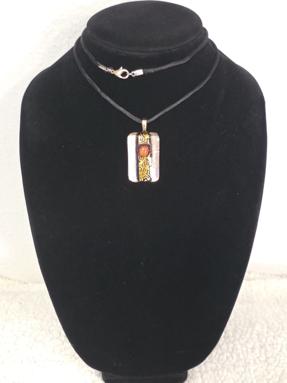 Murano Style Dichroic Glass Pendant Necklace Gold Red Silver Black Satin Cord